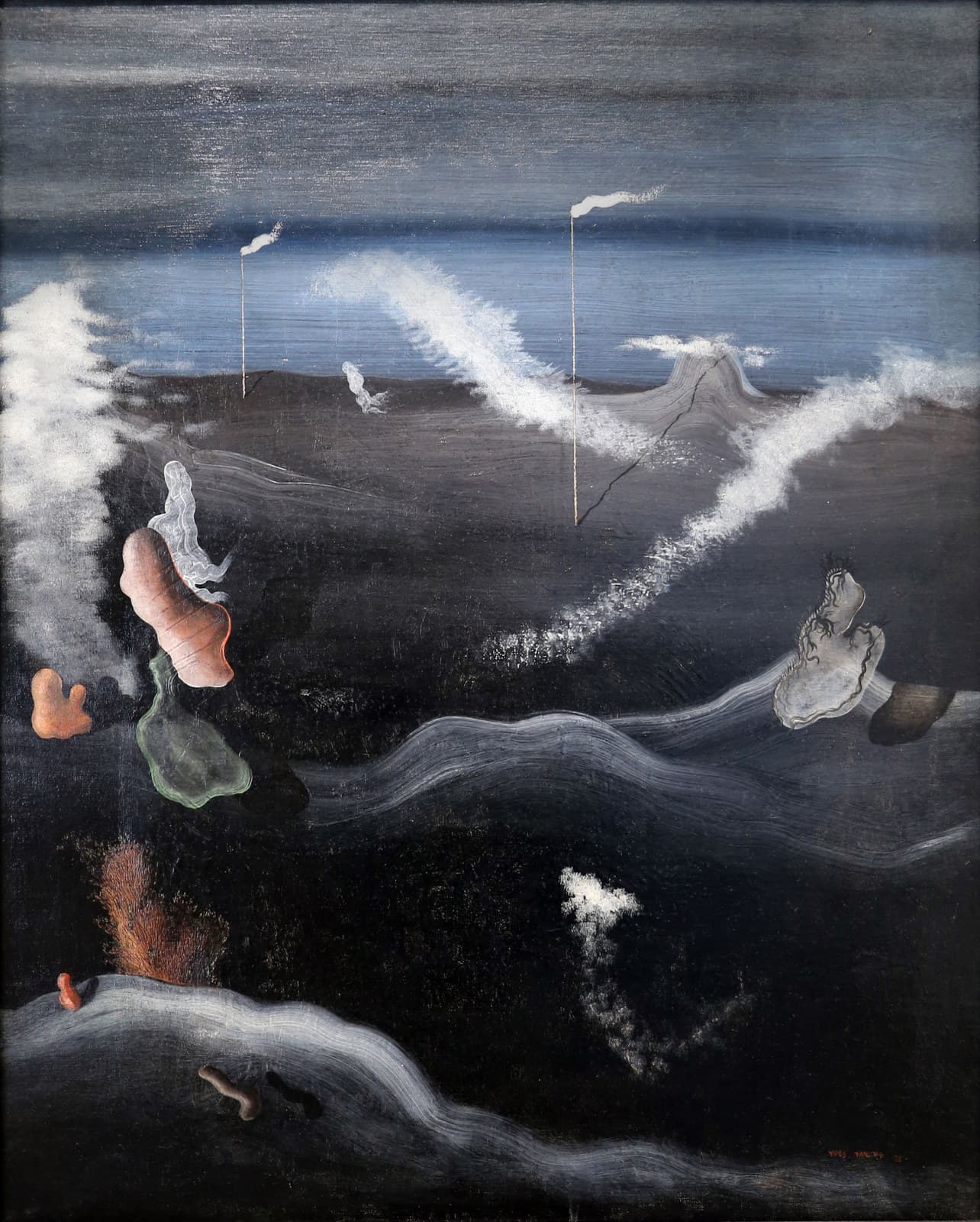 A dark nocturnal landscape with a wide band of luminous pale blue across the upper third and a dark brown headland below it. Two thin white stalks rise from the far ground, each topped by a small puff of white smoke. Crusted white ridges cross the middle in chevrons. At the left a salmon-pink segmented form stands above a pale sage-green shield, with a small orange two-lobed shape beside them and a rust-orange feathery tuft lower down on a grey striped mound