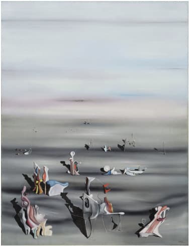 A wide grey-green plain in horizontal bands under a pale grey-lilac sky that turns soft pink-mauve at the horizon. In the foreground stand pale invented objects throwing long black shadows: a grey-white screen with a dark oval opening near its top at the centre, a cluster of uprights with a yellow bow shape and red and white striped posts at the left, small blocks in yellow, pink and pale green stacked below them, and a pink and white ribbon curling on a white slab at the right