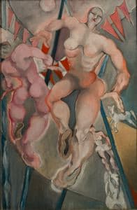 A tall canvas with a string of red-and-white striped pennants across the top and a pale disc at the top left. A nude, heavily muscled acrobat with a small pale face and a dark cap hangs in mid-air at the centre right, one leg thrust out to the left; a tangle of pink and red horses tumbles down the left side, a small grey figure on thin legs stands at the lower right, and grey poles cross the picture on the diagonal