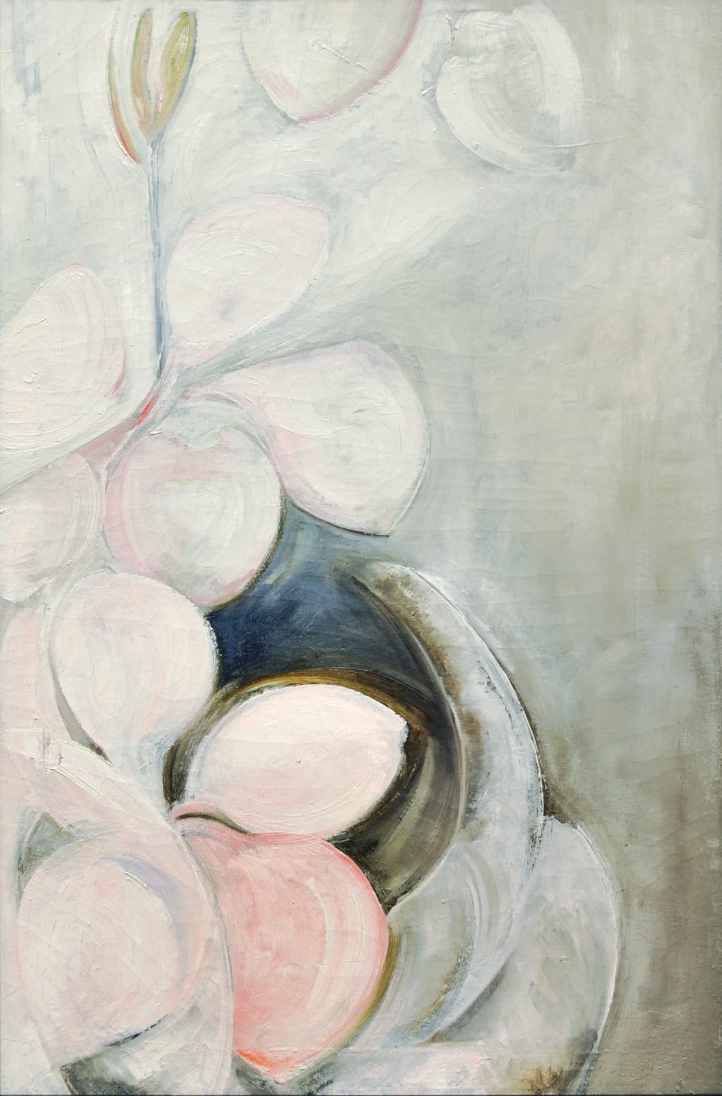 A close-up of magnolia blossoms painted as overlapping rounded lobes of white and pale pink in thick strokes, with a bare stem rising to a single green-sepalled bud at the top left, a dark navy-and-brown bowl holding the lowest blossoms at the centre right, one deep pink petal at the bottom centre, and a brushed grey-green ground warming to beige at the right edge
