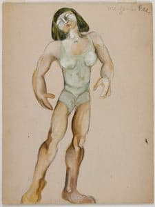 A paper doll painted on cream academy board: a standing woman with dark green-black hair to her shoulders and a small pale face, wearing a pale green one-piece leotard, her bare arms and legs heavily muscled, large hands held away from her sides and large feet planted apart, with her name written in pencil at the top right corner