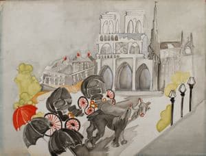 A grey watercolour of the west front of Notre-Dame, its two towers and three portals at the upper right with the spire behind, above a wet square with a row of black umbrellas at the lower left, two carriages with red-spoked wheels, a dark horse with a wide eye pulling one of them to the right, three tall street lamps at the right edge and yellow-green foliage at both sides