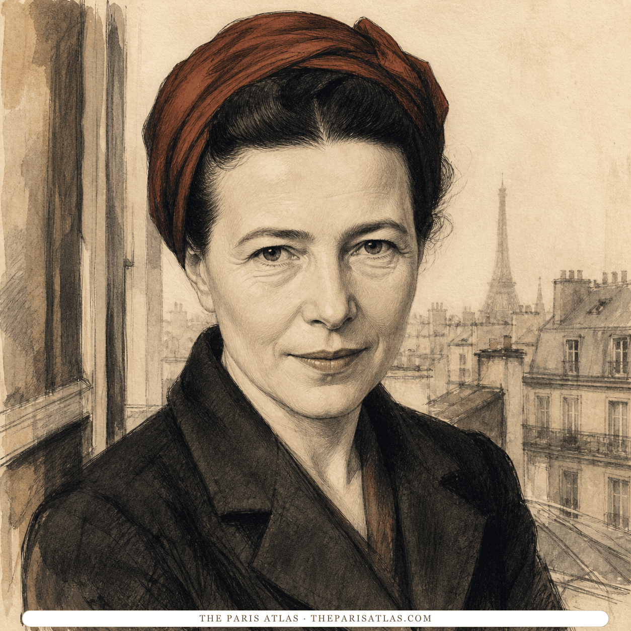 Illustrated portrait of Simone de Beauvoir