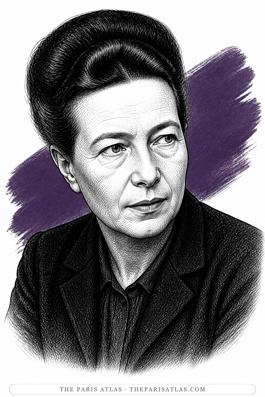 Illustrated portrait of Simone de Beauvoir (the narrator)