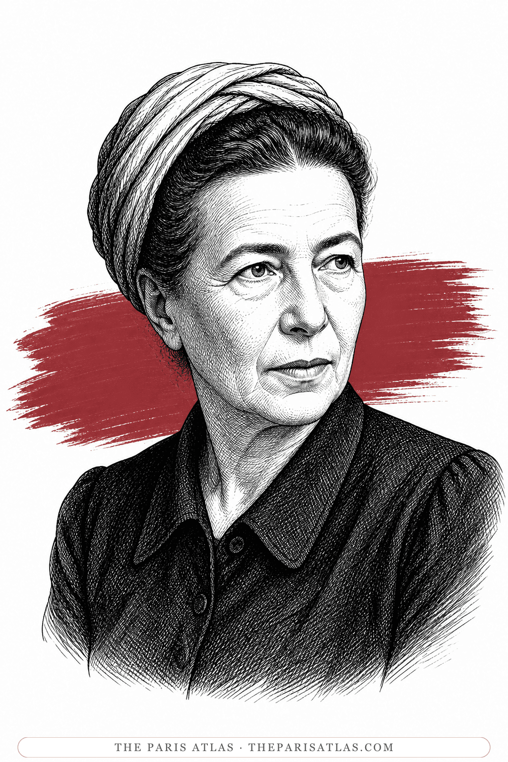 Illustrated portrait of Simone de Beauvoir (the narrator)