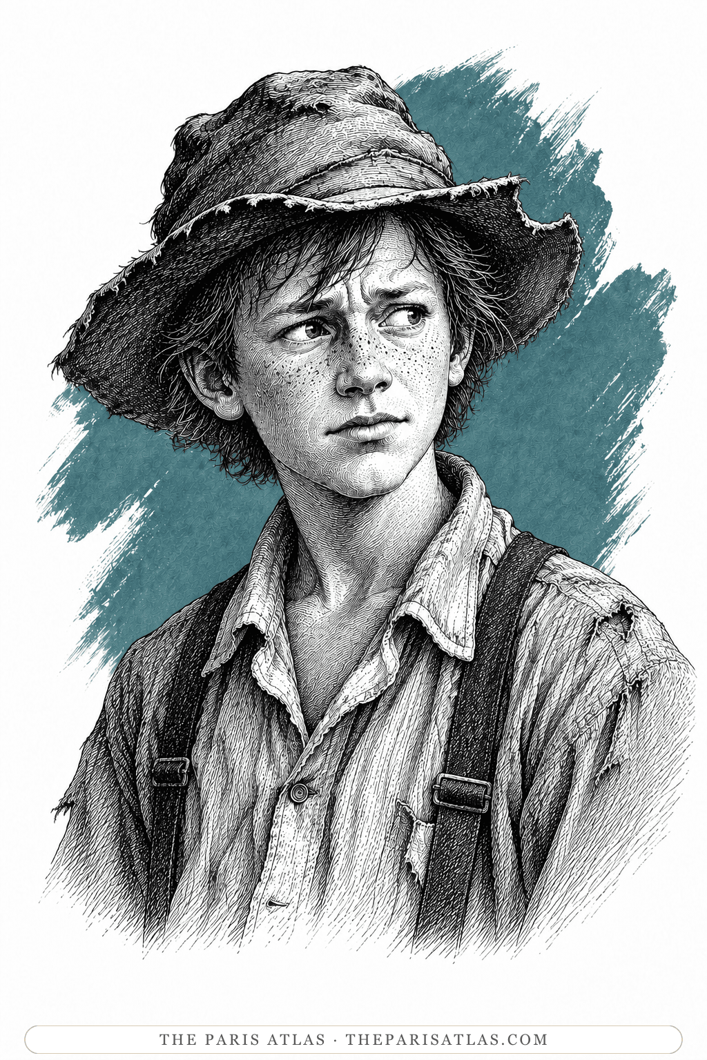 Illustrated portrait of Huckleberry Finn