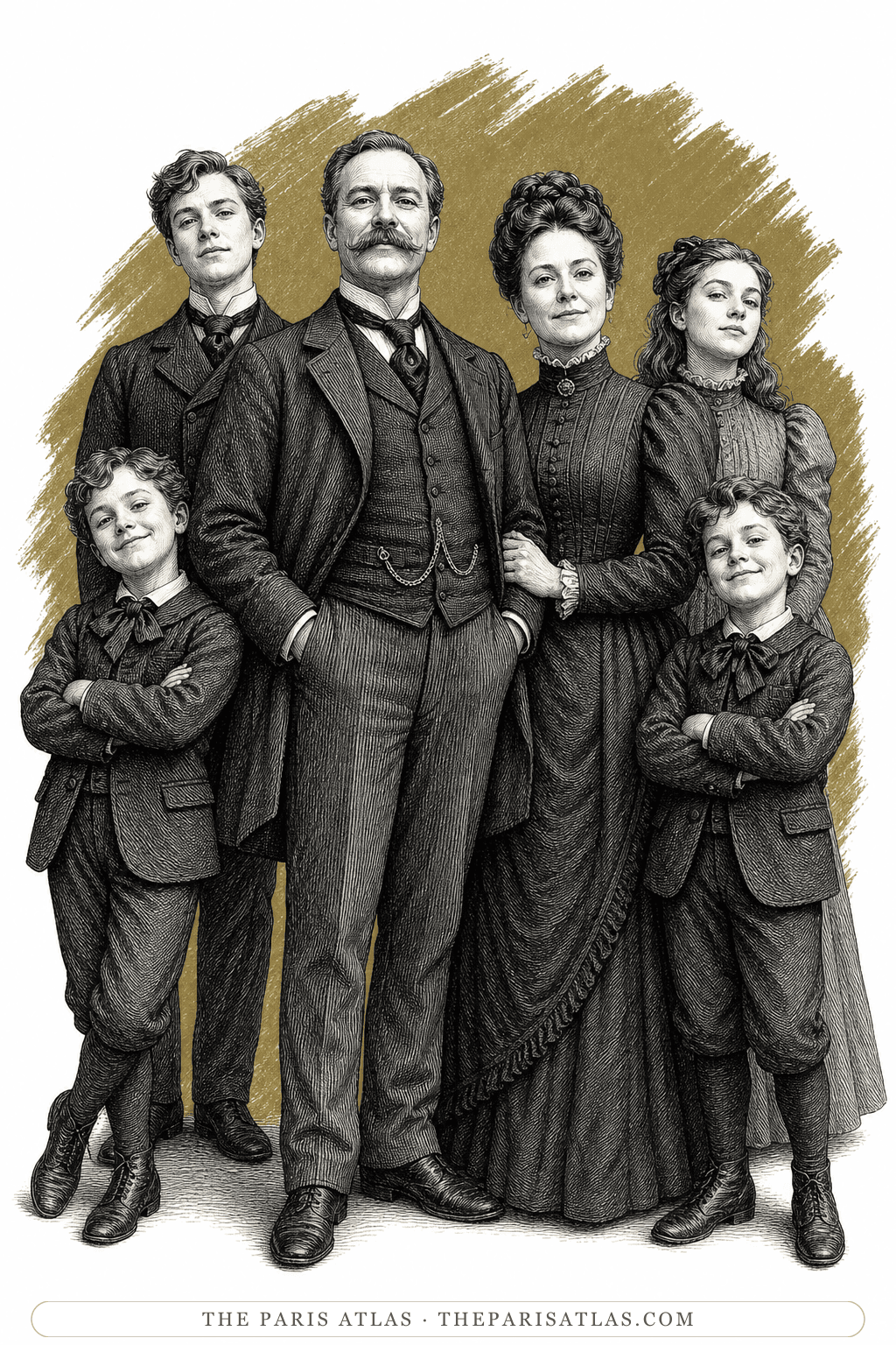 Illustrated portrait of Hiram B. Otis and family