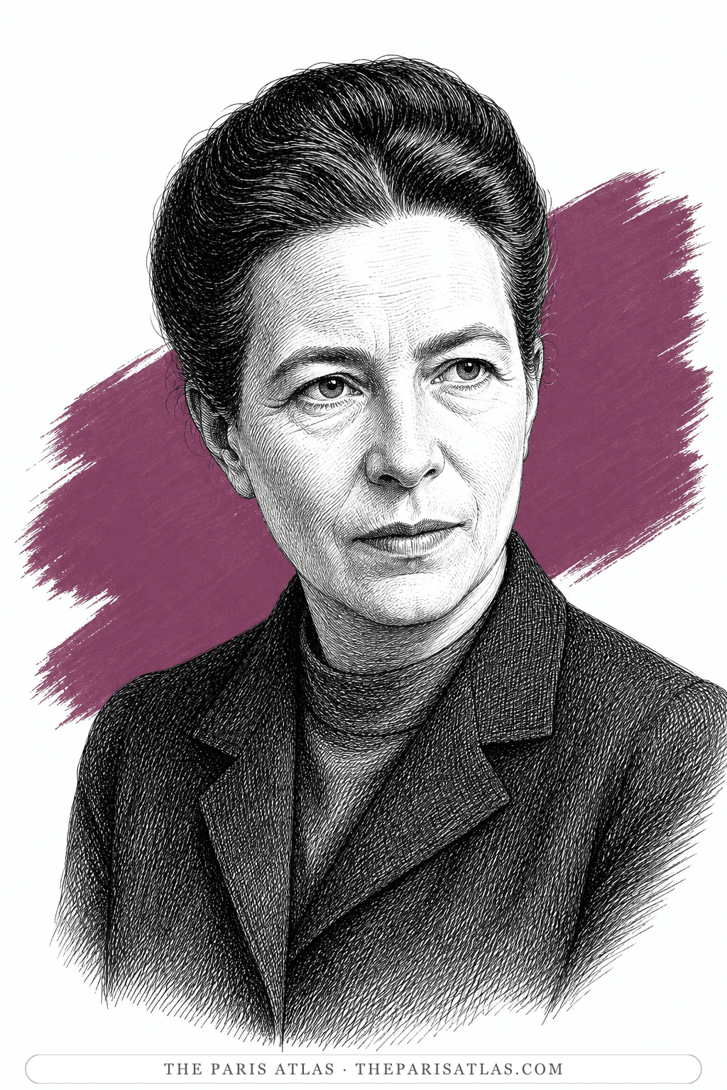 Illustrated portrait of Simone de Beauvoir (the narrator)