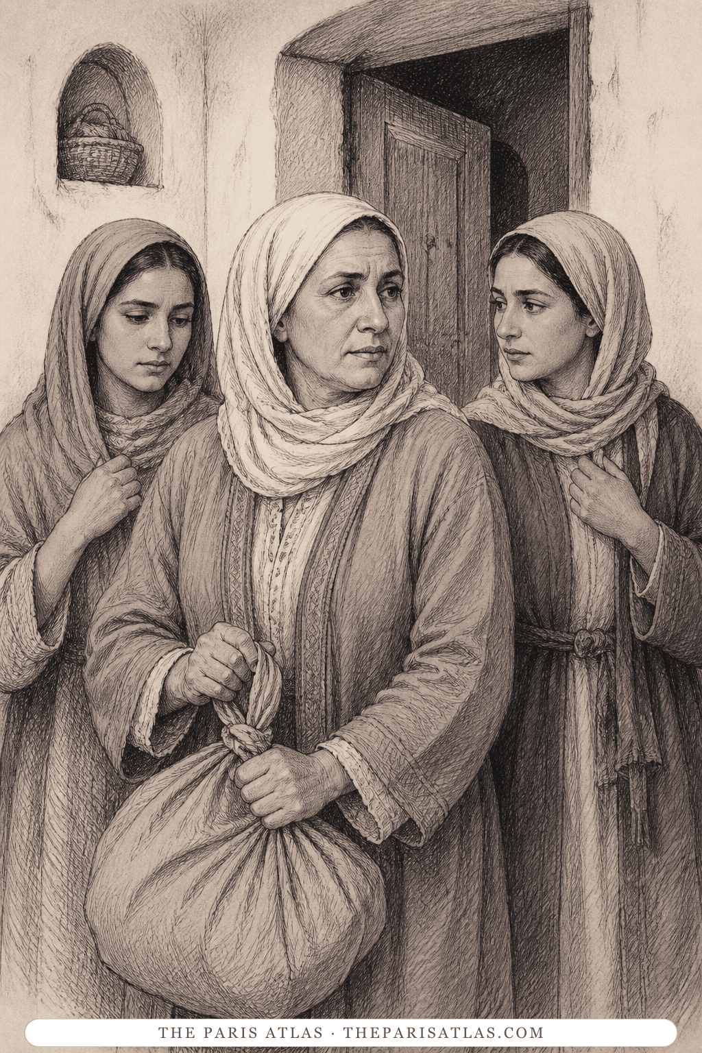 Illustrated portrait of Amar’s mother and sisters