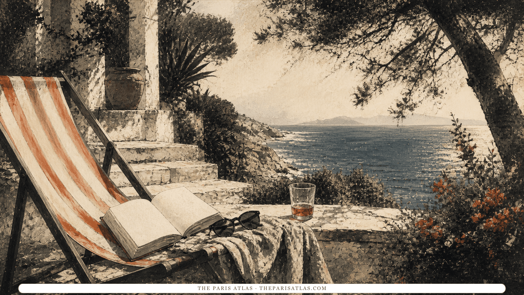 A striped deck chair, an open book and sunglasses on a stone terrace above the Mediterranean.