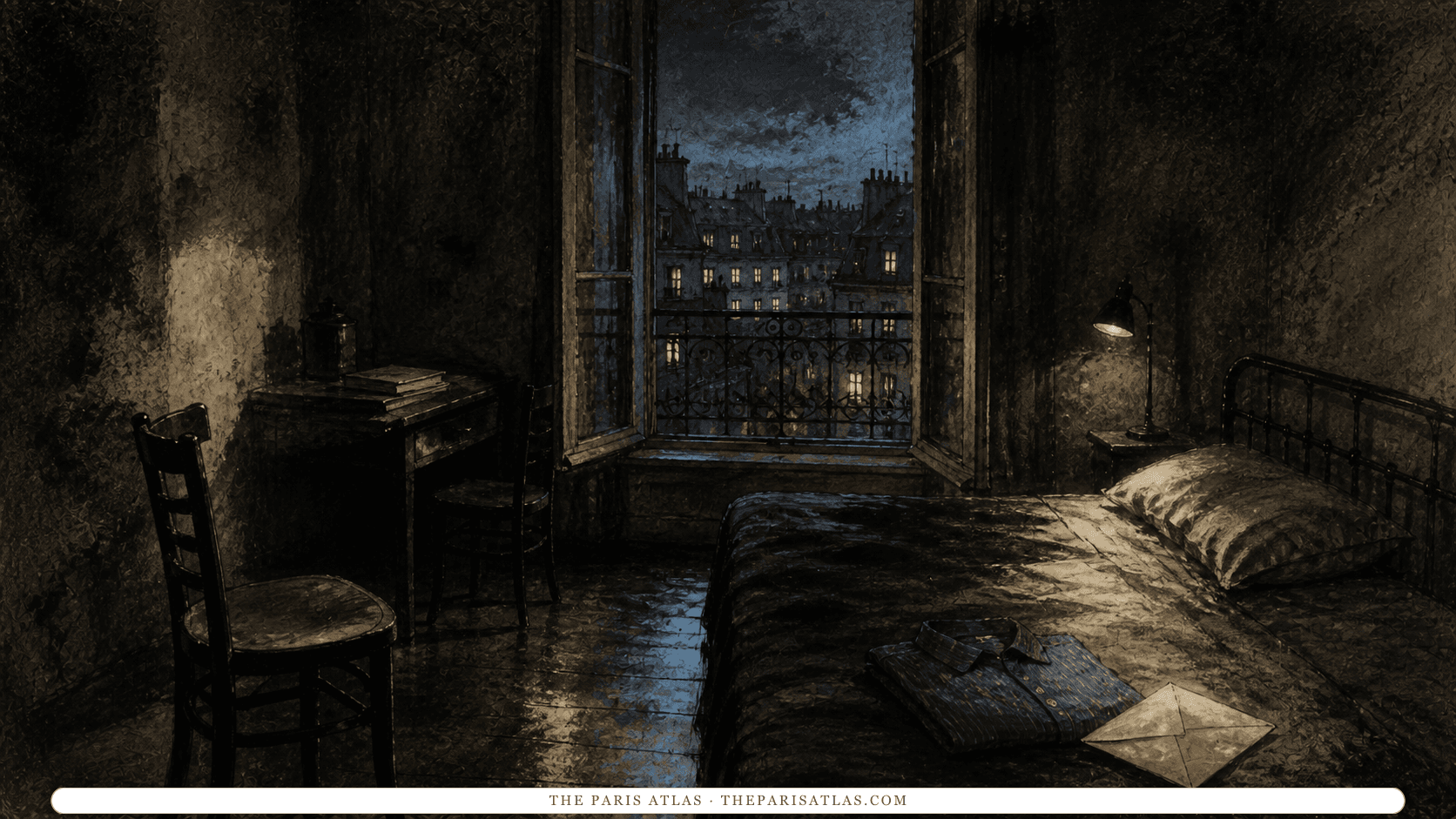 Charcoal illustration of two empty chairs and a folded shirt in a shadowed Paris room at blue hour