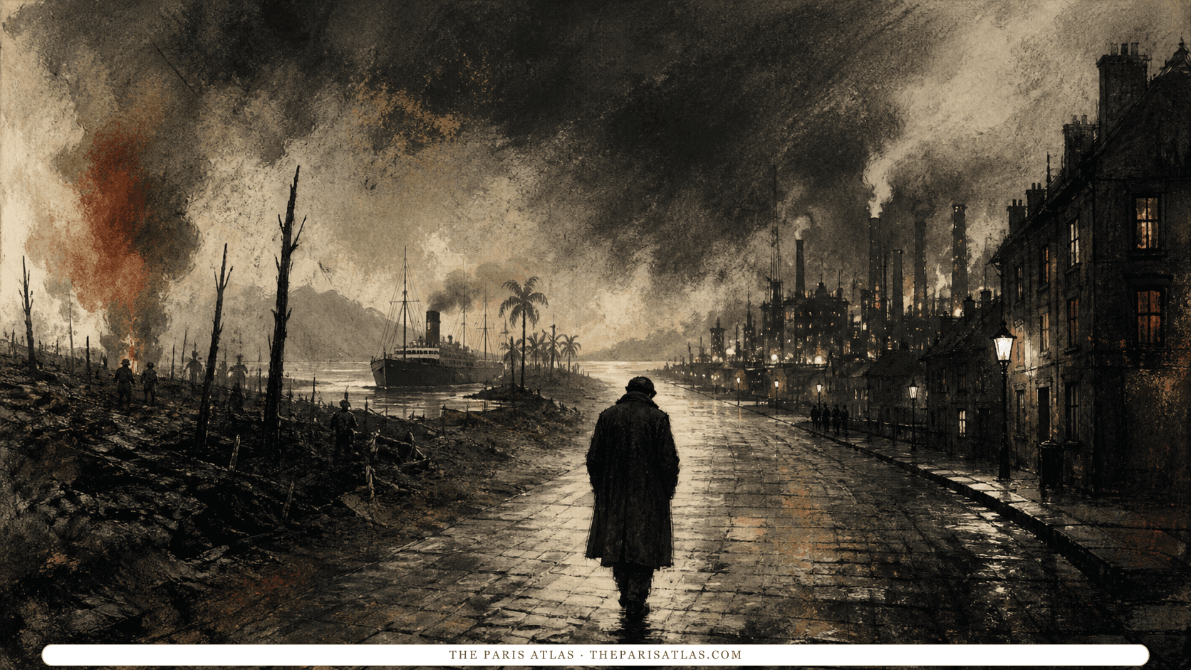 Charcoal illustration of a lone traveler crossing a nocturnal landscape of war, a steamship, factories, and Paris streets