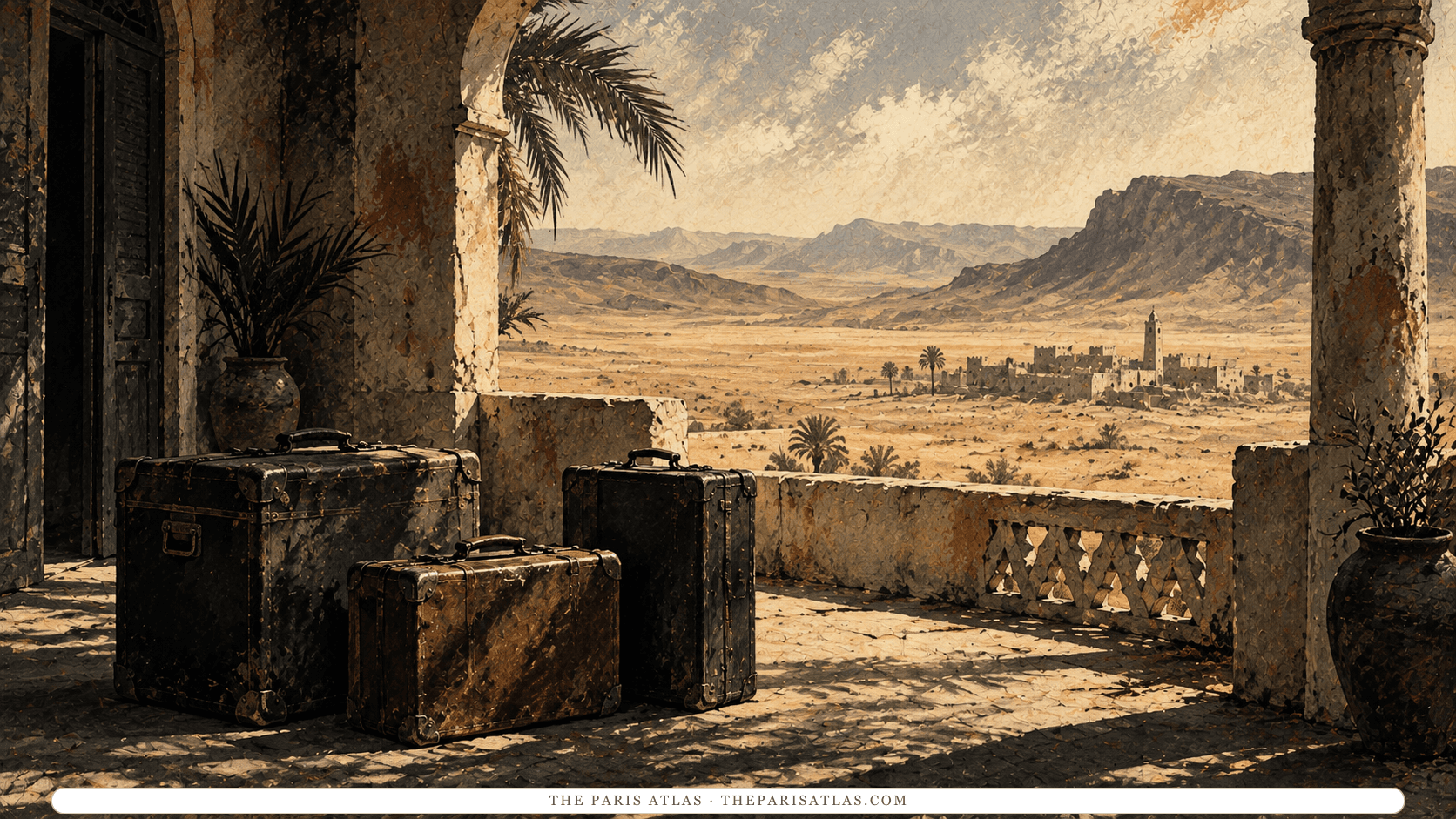Three travel trunks on a shaded North African terrace, with a walled town and desert hills beyond.