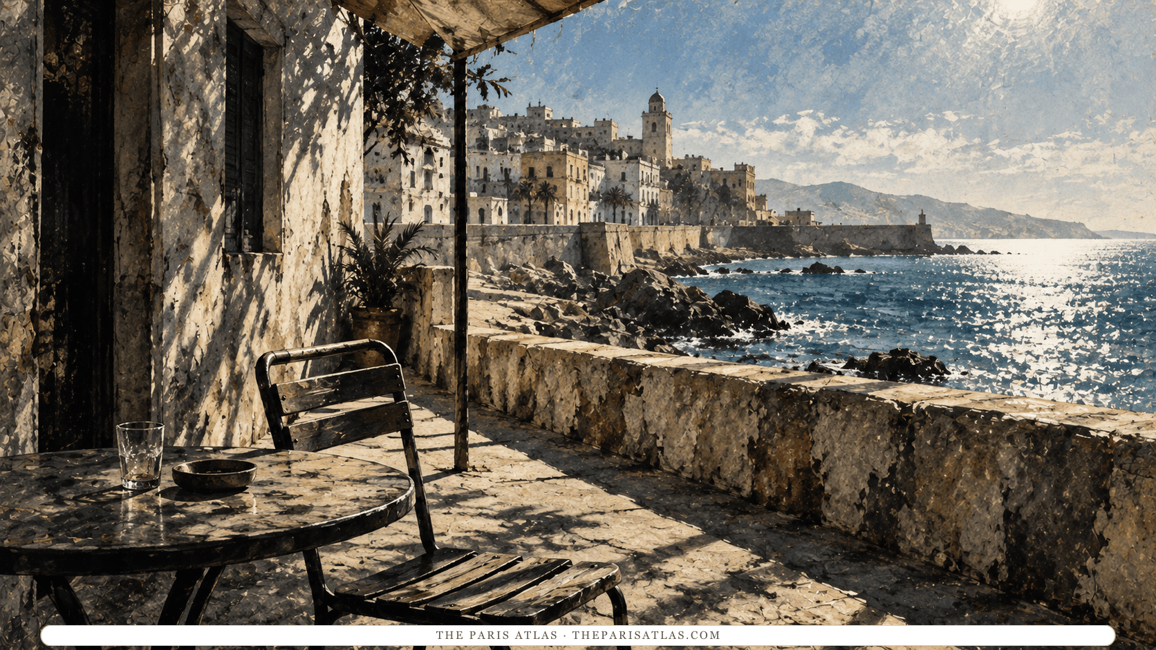 An empty chair beside an illustrated sunlit Mediterranean waterfront.