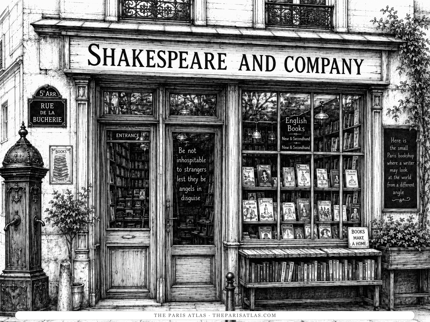 Pen-and-ink illustration of the Shakespeare and Company shopfront at 37 rue de la Bûcherie, its window lettered English Books, New and Secondhand, with a Wallace fountain on the corner