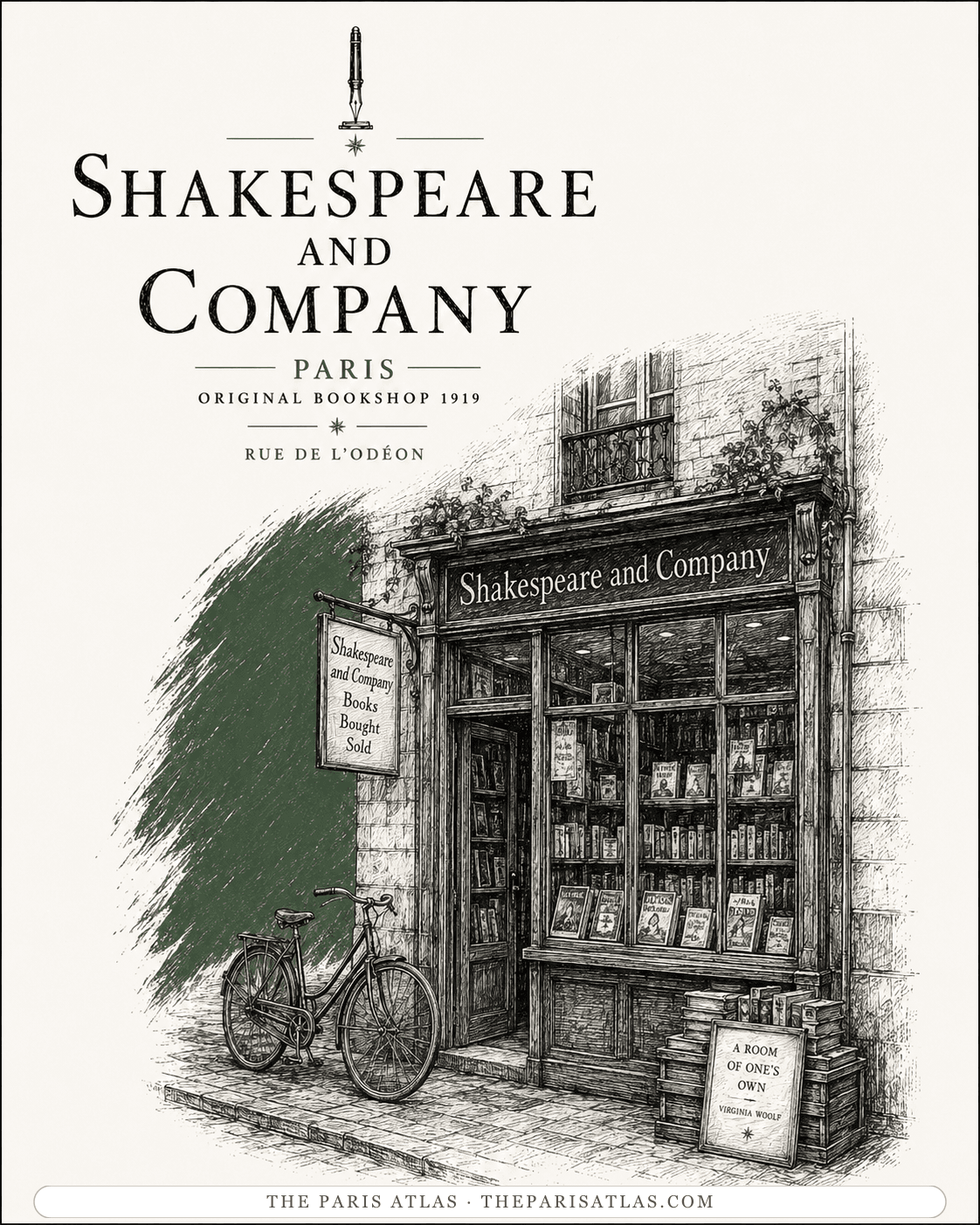 Illustration of the original Shakespeare and Company shopfront on the rue de l'Odéon