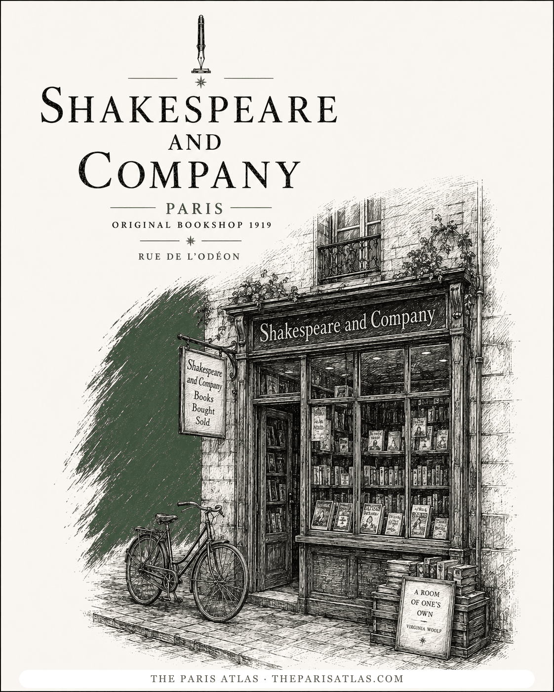 Illustration of the original Shakespeare and Company shopfront on the rue de l'Odéon