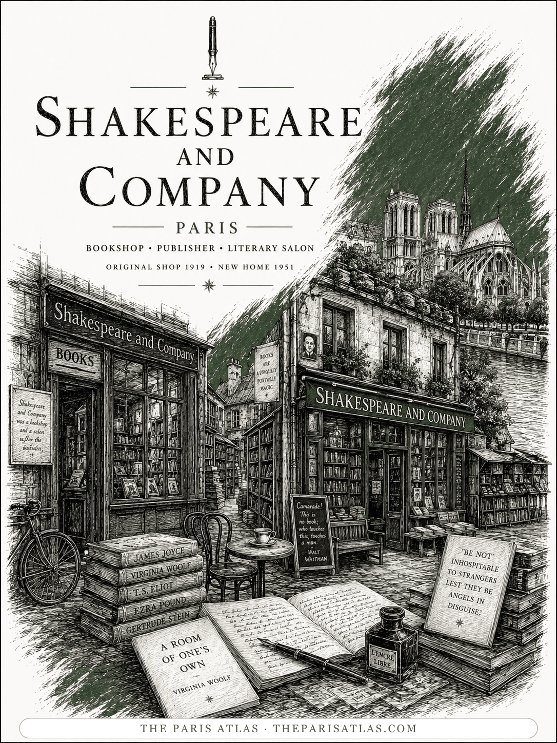 Illustration of the Shakespeare and Company shopfront at 37 rue de la Bûcherie