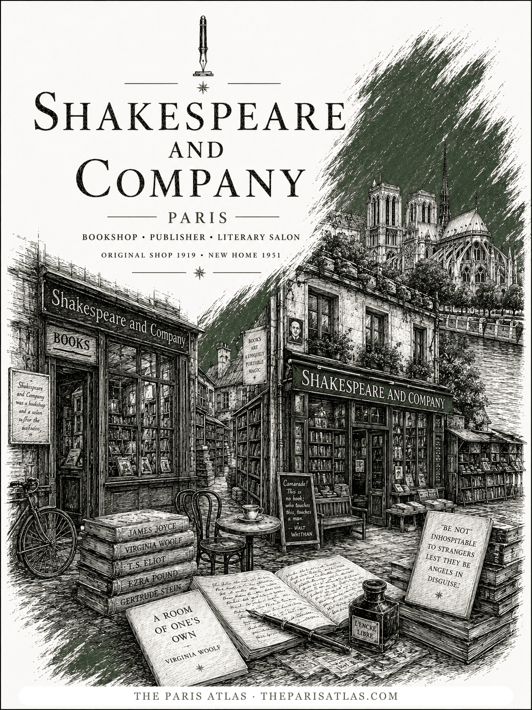 Illustration of the Shakespeare and Company shopfront at 37 rue de la Bûcherie