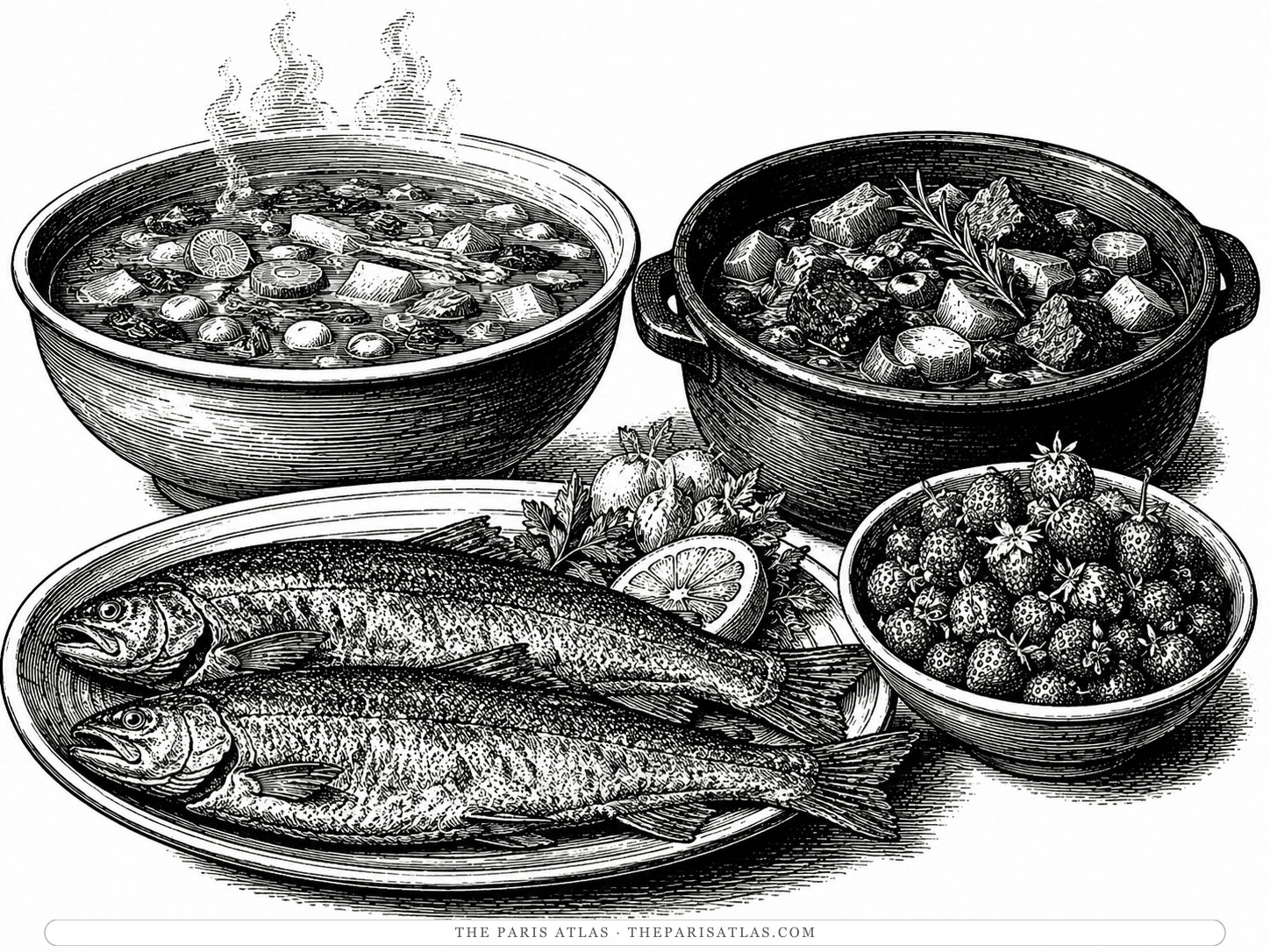 A bowl of vegetable soup, an iron pot of stew, a platter of fried trout with lemon and a bowl of wild strawberries at the inn at Burguete in the Navarrese Pyrenees.