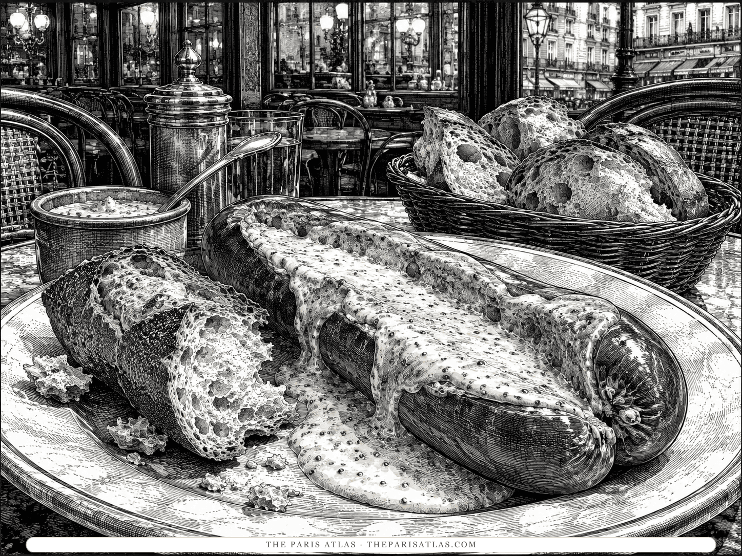 A thick sausage split lengthwise under a blanket of grainy mustard sauce on an oval plate, with a mustard pot, a tall glass of beer and a basket of bread behind it.