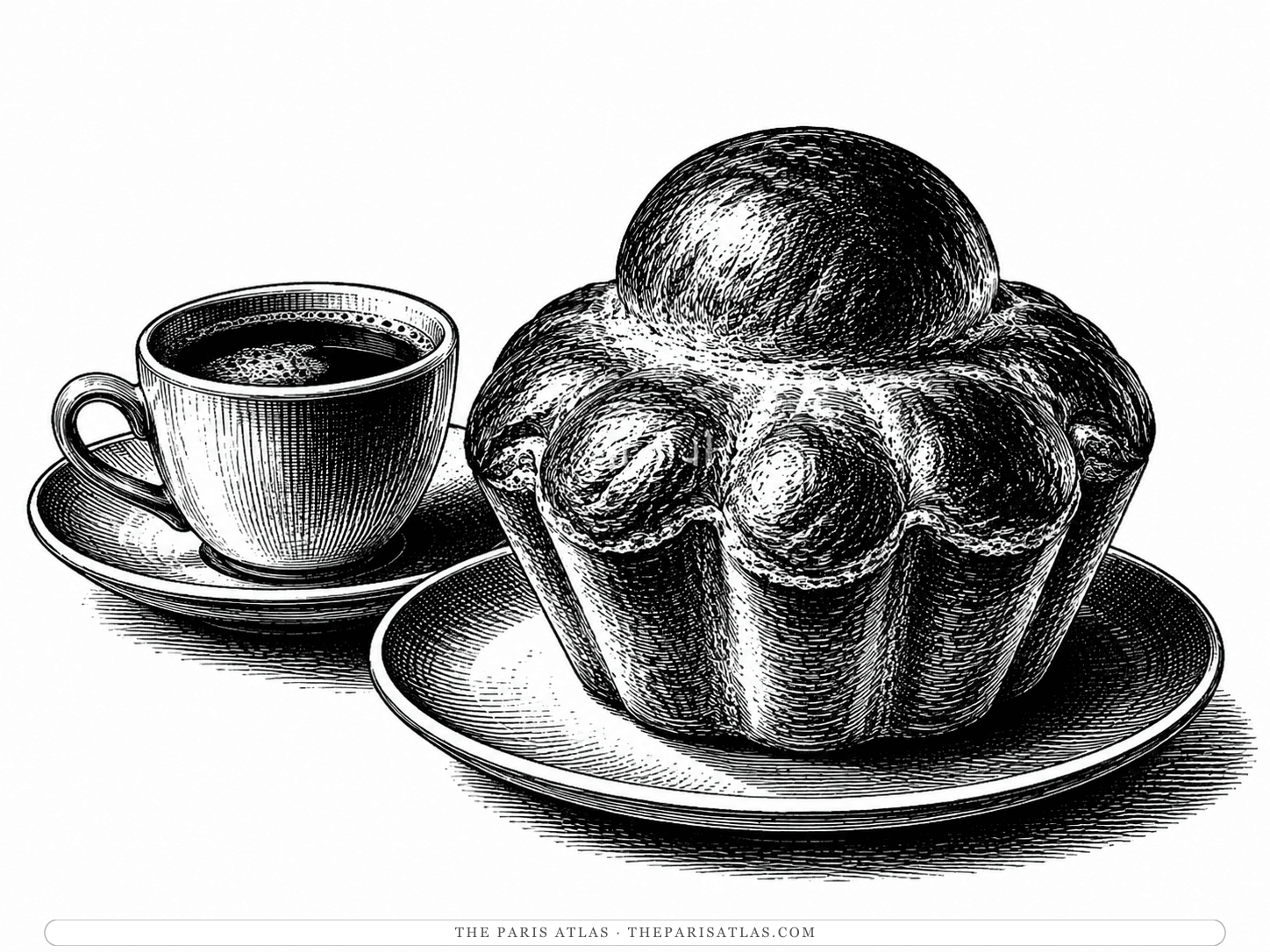 A cup of black coffee and a tall fluted brioche on stoneware plates — Jake Barnes's breakfast on the rue Soufflot, beside the Luxembourg gardens.