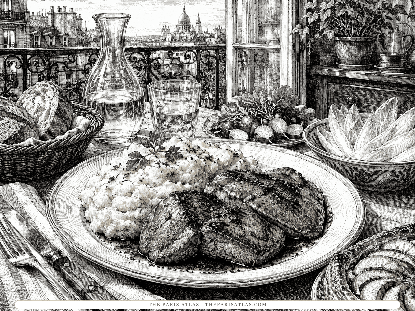 Slices of pan-cooked calf's liver beside a mound of mashed potatoes, with dishes of red radishes and pale endive, bread and a carafe of water, at a window above the Paris rooftops.