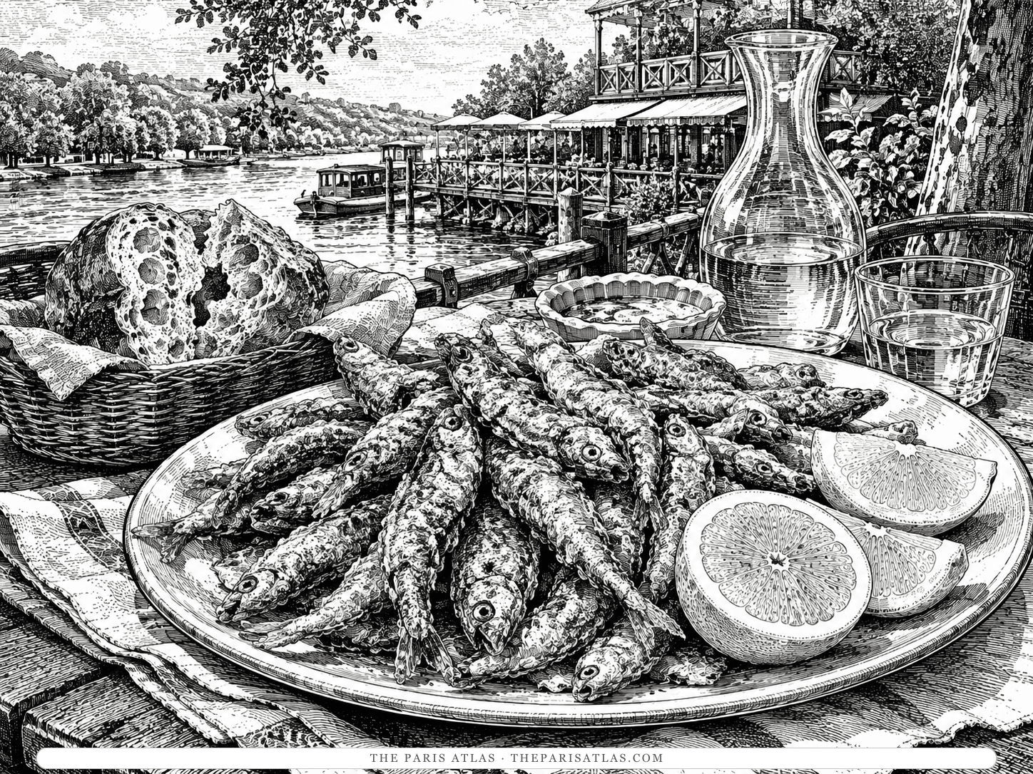 A heaped plate of small whole fried river fish with lemon halves and wedges, a bread basket and a carafe of white wine on a checked cloth, an open-air restaurant built out over the river behind.