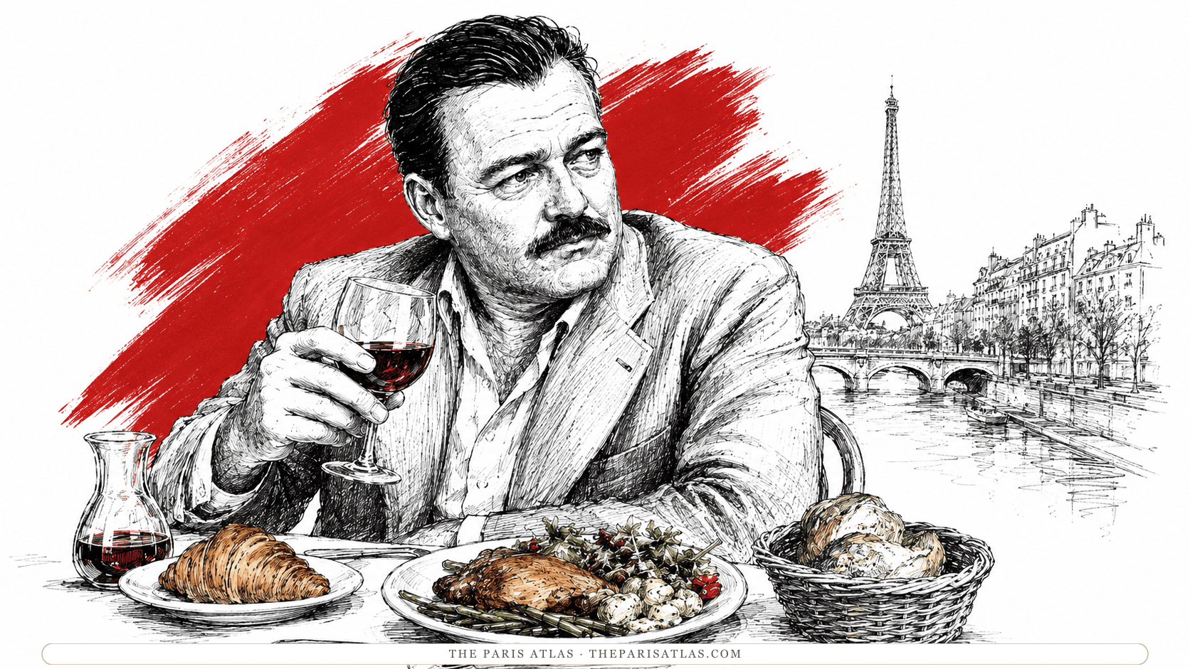 Ink and colour drawing of Ernest Hemingway raising a glass of red wine at a Paris table set with roast chicken and green beans, the Eiffel Tower and the Seine behind him