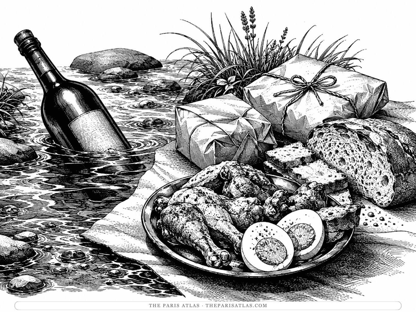 A wine bottle lying in the shallows of a stream beside a plate of roast chicken and halved hard-boiled eggs, sliced country bread and paper lunch parcels on the riverbank in the valley of the Rio de la Fabrica.
