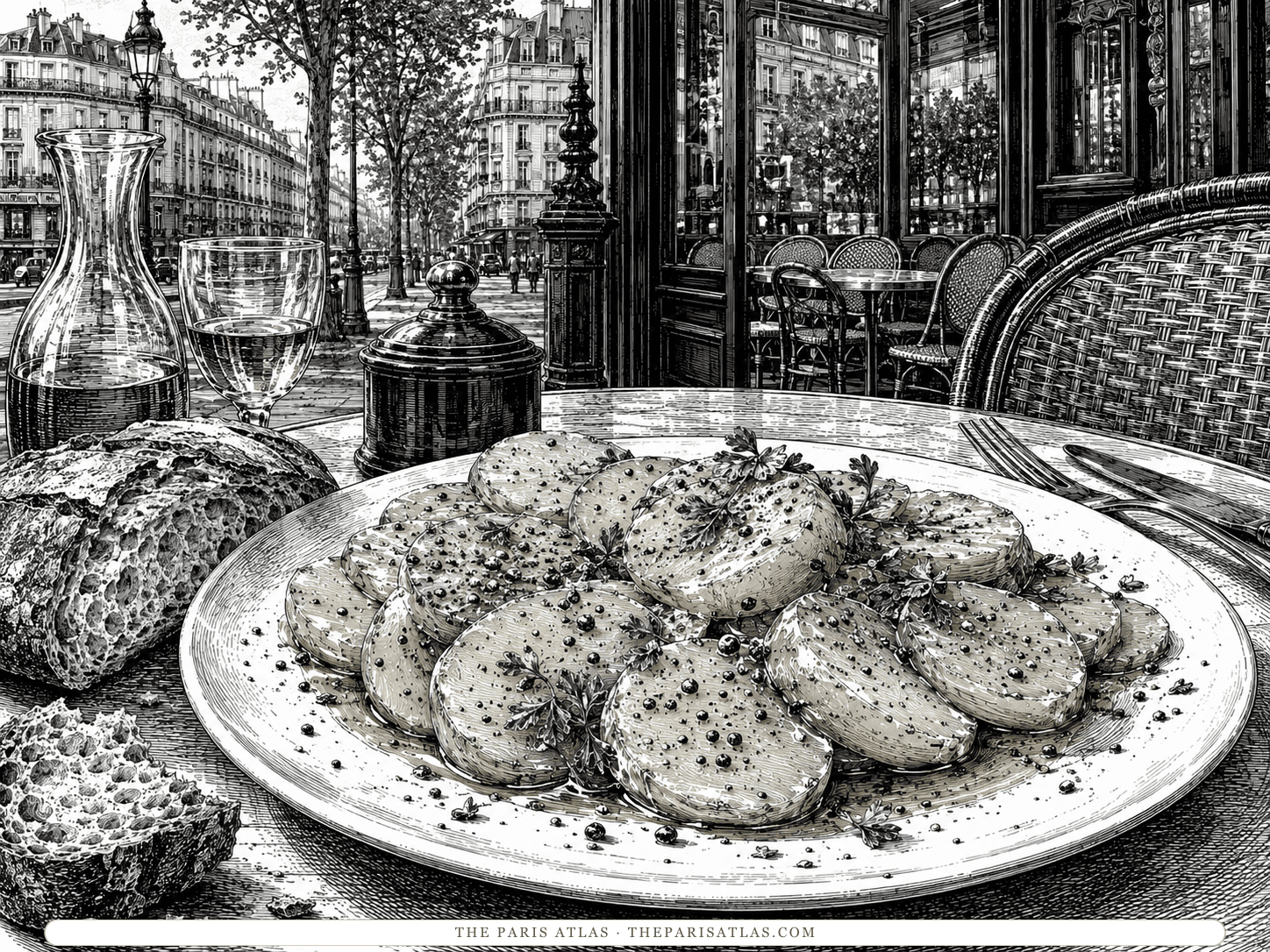 Sliced potatoes glistening with olive oil and scattered with parsley and coarse black pepper on a wide white plate, a carafe of wine and a loaf of country bread alongside, on a Paris brasserie terrace.