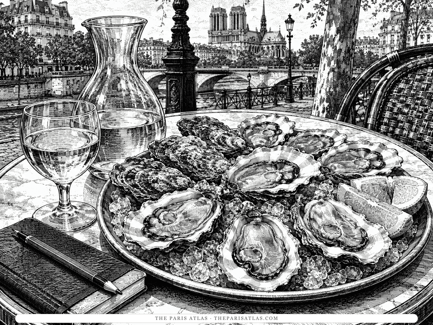 A platter of opened oysters on crushed ice with lemon wedges, a half-carafe of white wine and a small stemmed glass beside a notebook and pencil, at a café table above the Seine.