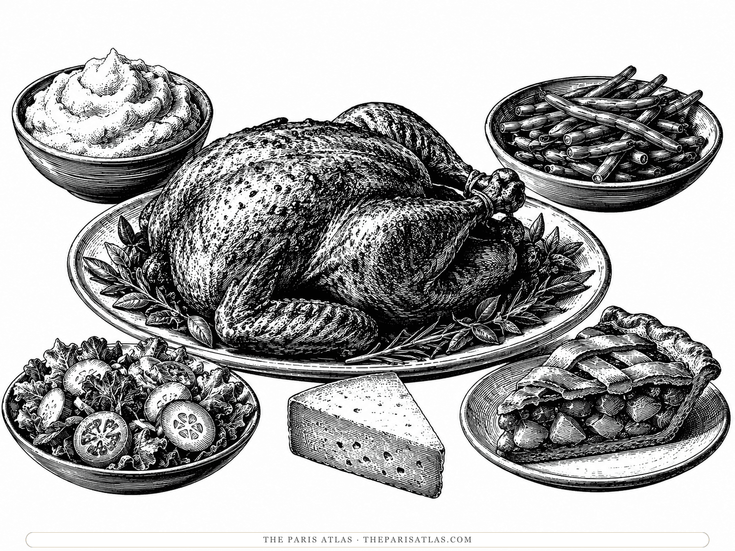 Roast chicken on a platter ringed with herbs, with mashed potatoes, green beans, a salad, a wedge of cheese and a slice of apple pie — dinner at Madame Lecomte's on the Île Saint-Louis.