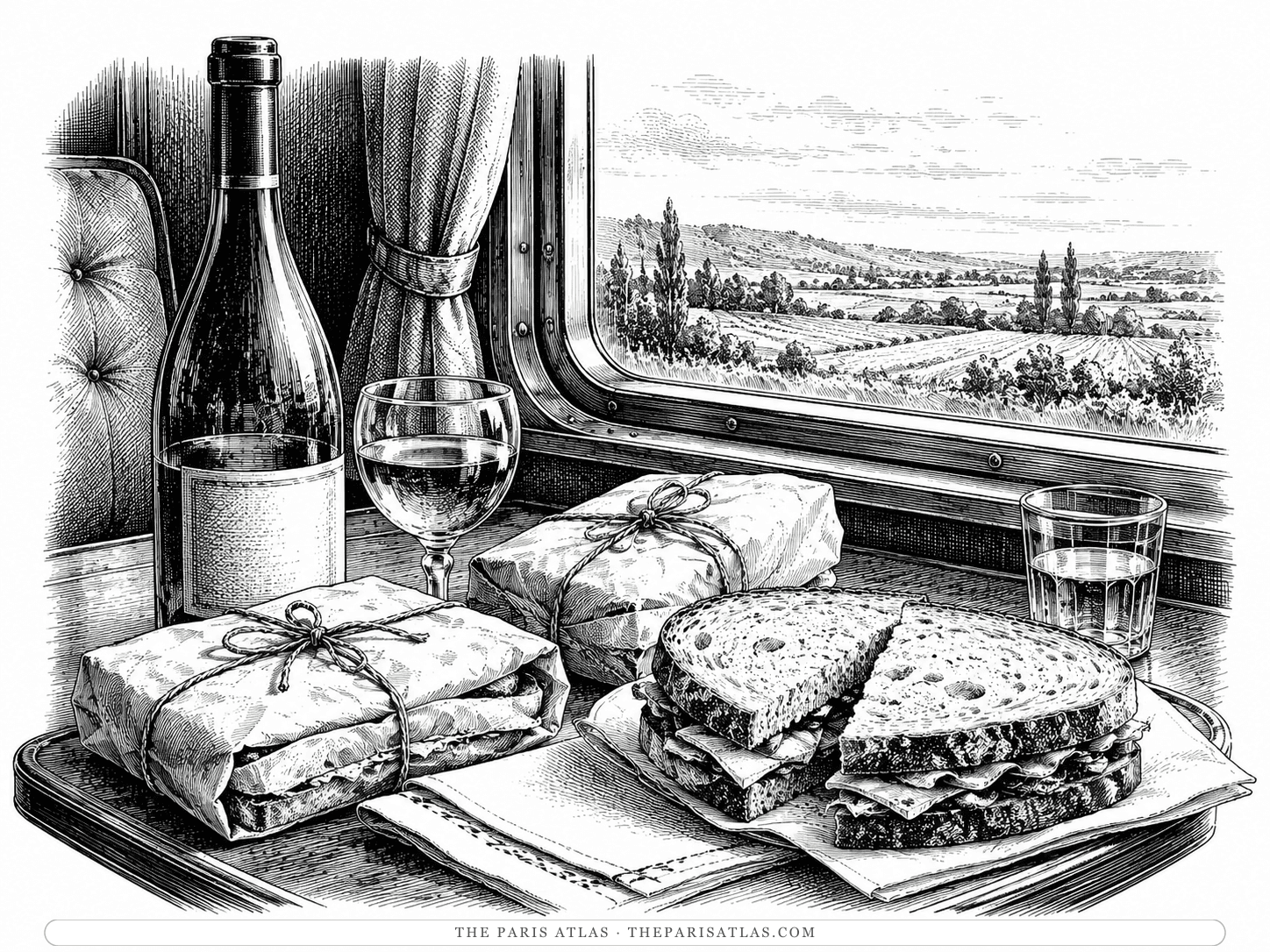 Two string-tied paper parcels, a bottle and glass of white Chablis and a cut sandwich on a train compartment table, French farmland running past the window.