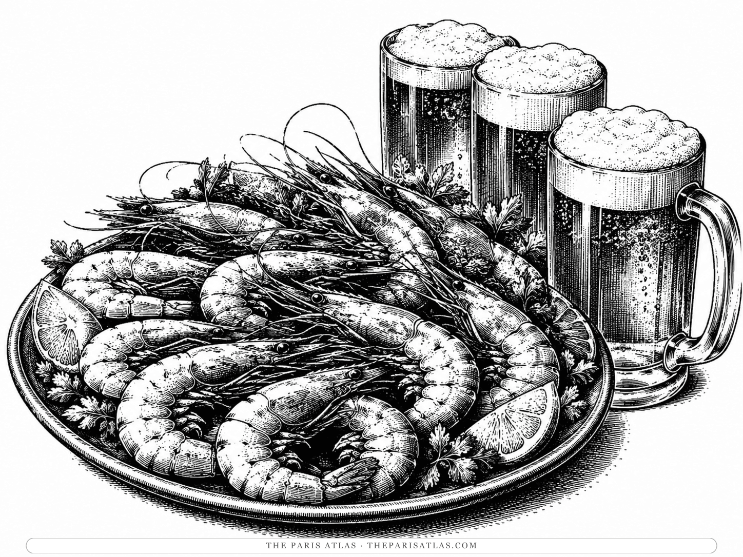 A plate of whole cooked shrimps scattered with parsley beside three tall glasses of beer, the café lunch during the fiesta of San Fermín in Pamplona.