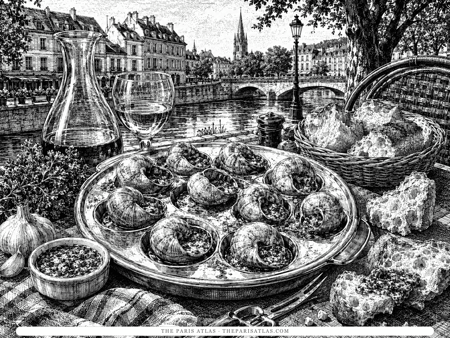 A dozen snails in their shells set in a dimpled escargot dish under green garlic-and-parsley butter, with a bowl of the butter, garlic bulbs, a carafe of wine and torn bread on a riverside table.