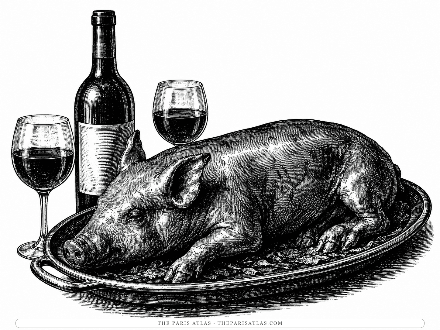 A whole roast suckling pig on an oval platter with a bottle and two glasses of rioja alta — the last lunch, at Botín's in Madrid.