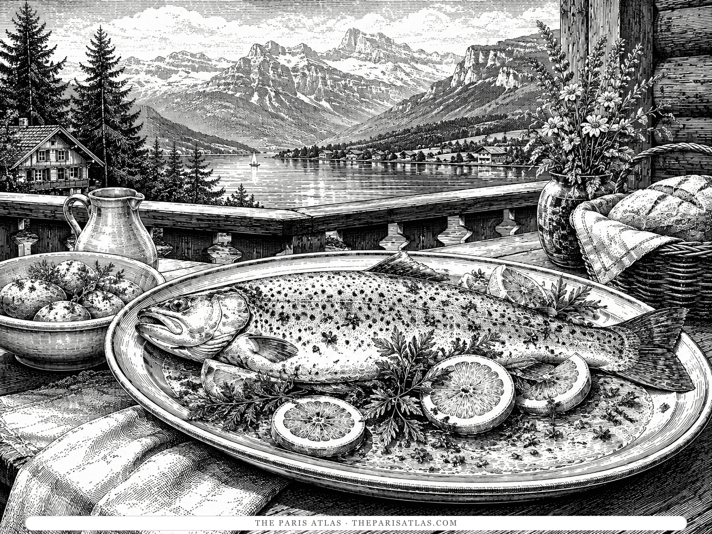 A whole poached trout on an oval platter with lemon slices and herbs, a bowl of boiled potatoes beside it, on a chalet porch above a lake with snow still on the mountains.