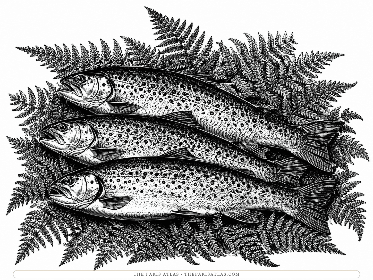 Three whole speckled trout laid out on a bed of green ferns, packed in layers the way Jake Barnes packs his catch above the dam for the walk back to Burguete.