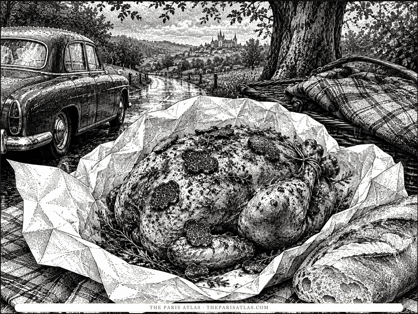 A whole roast chicken studded with black truffle slices, wrapped in white picnic paper beside a loaf of bread and a wicker hamper, with a wet road and a parked car behind.