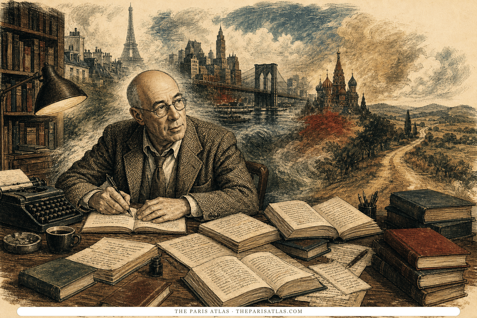 Ink and color illustration of Henry Miller writing at a table covered with books while Paris, Brooklyn, Moscow, and an open road meet behind him.