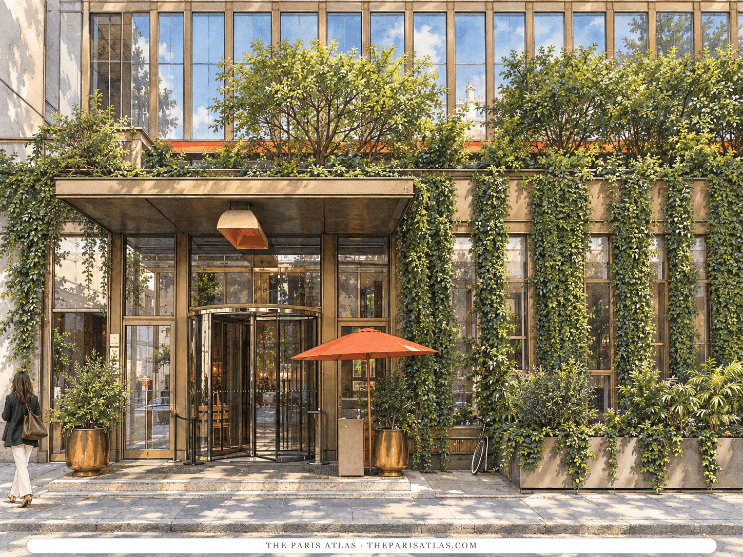 Reference-based illustration of the entrance of Brach Paris: a revolving door under a flat bronze canopy with a copper pendant lamp, bronze-framed glass walls hung with climbing plants, an orange parasol and gold planters.