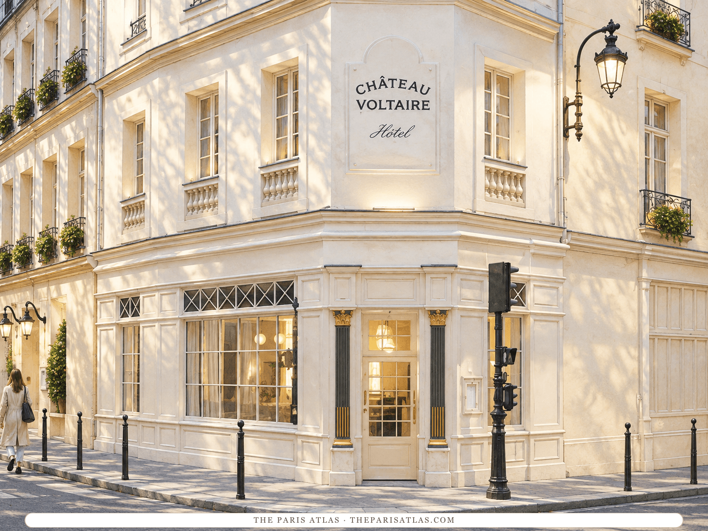 Reference-based illustration of the corner entrance of Château Voltaire: a cream stone building with a sign reading Château Voltaire Hôtel high on the corner, green pilasters around the ground-floor windows and a wall lantern.