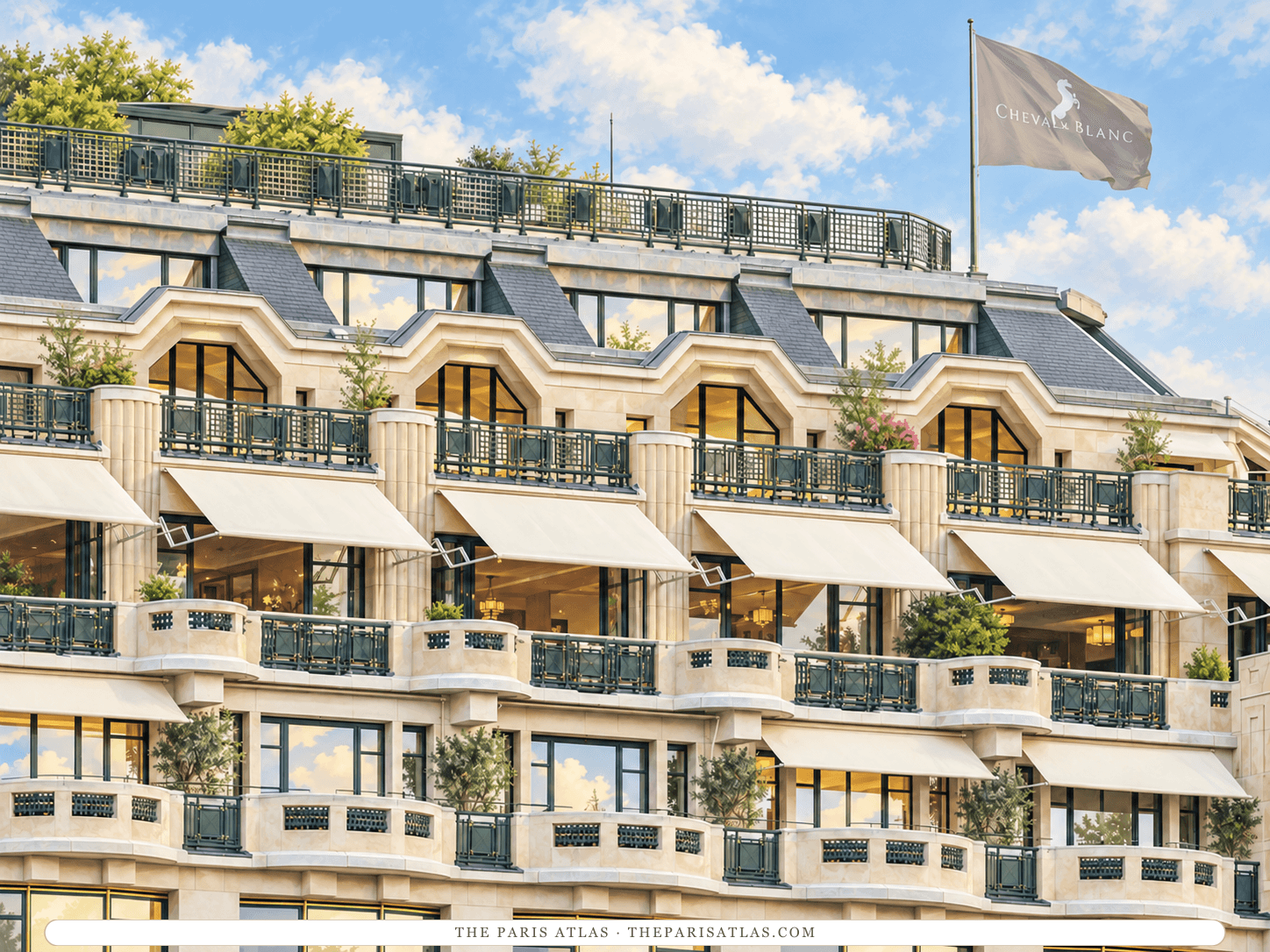 Reference-based illustration of the upper floors of Cheval Blanc Paris: cream stone balconies stepping back in rows with white awnings and planted terraces, under a slate roof and a flag.