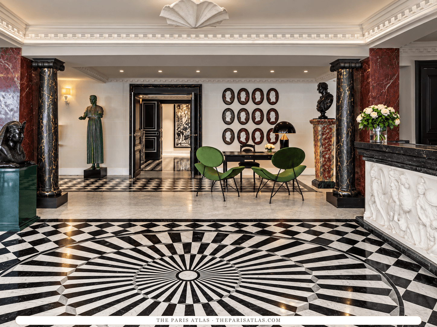 AI-generated illustration of the reception hall at Hôtel de Berri: a black-and-white marble floor laid in a radiating pattern, dark marble columns, a carved white reception desk, bronze busts and statues, green chairs and a wall hung with oval portraits.