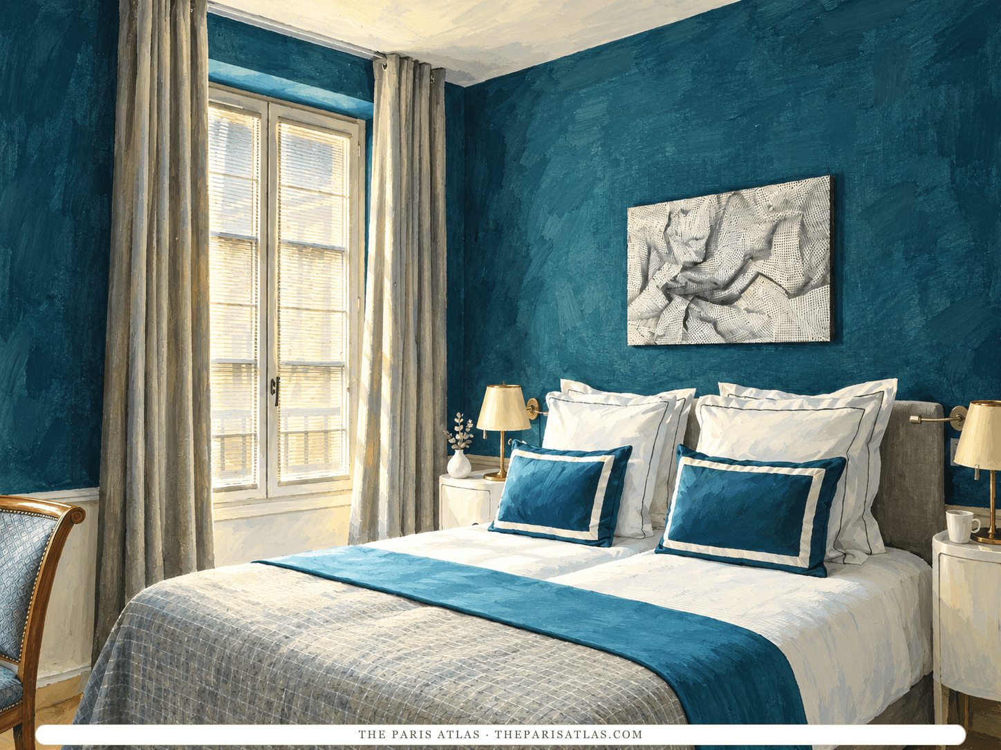 Reference-based illustration of a guest room at Hôtel de la Place du Louvre: deep teal walls, a tall window with grey curtains, a white double bed with blue cushions and a blue runner, and brass bedside lamps under a framed abstract relief.