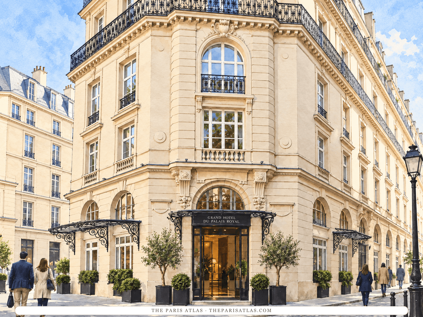 Reference-based illustration of the corner of the Grand Hôtel du Palais Royal: a cream stone building with iron balconies, a central arched entrance under a dark iron-and-glass canopy, olive trees in planters and people walking past.