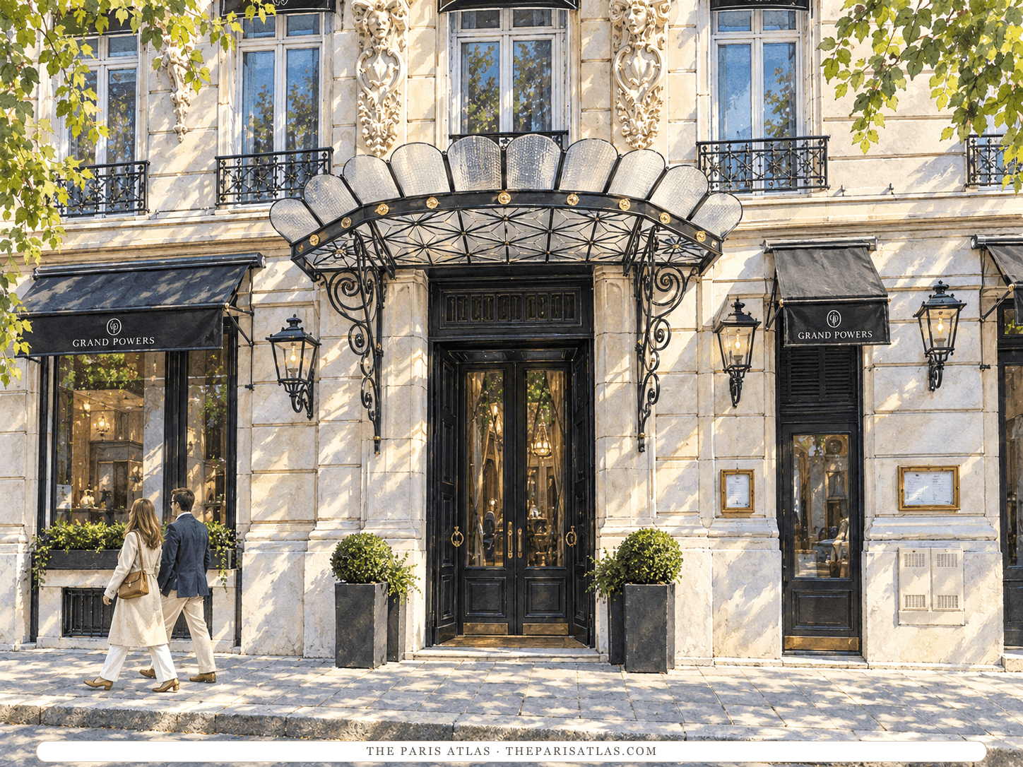 Reference-based illustration of the entrance of Hôtel Grand Powers: black double doors under a scalloped glass canopy on iron brackets, black awnings reading Grand Powers on either side, wall lanterns, clipped shrubs in planters and a couple walking past.