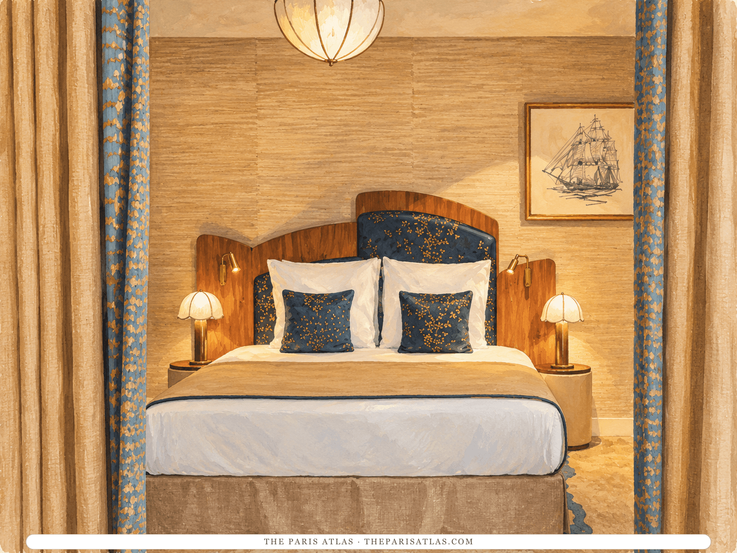 Reference-based illustration of a renovated guest room at Hôtel La Bourdonnais: a double bed against a curved wooden headboard with a navy floral panel, scalloped bedside lamps, tan curtains with blue borders, a paper pendant light and a framed drawing of a sailing ship.