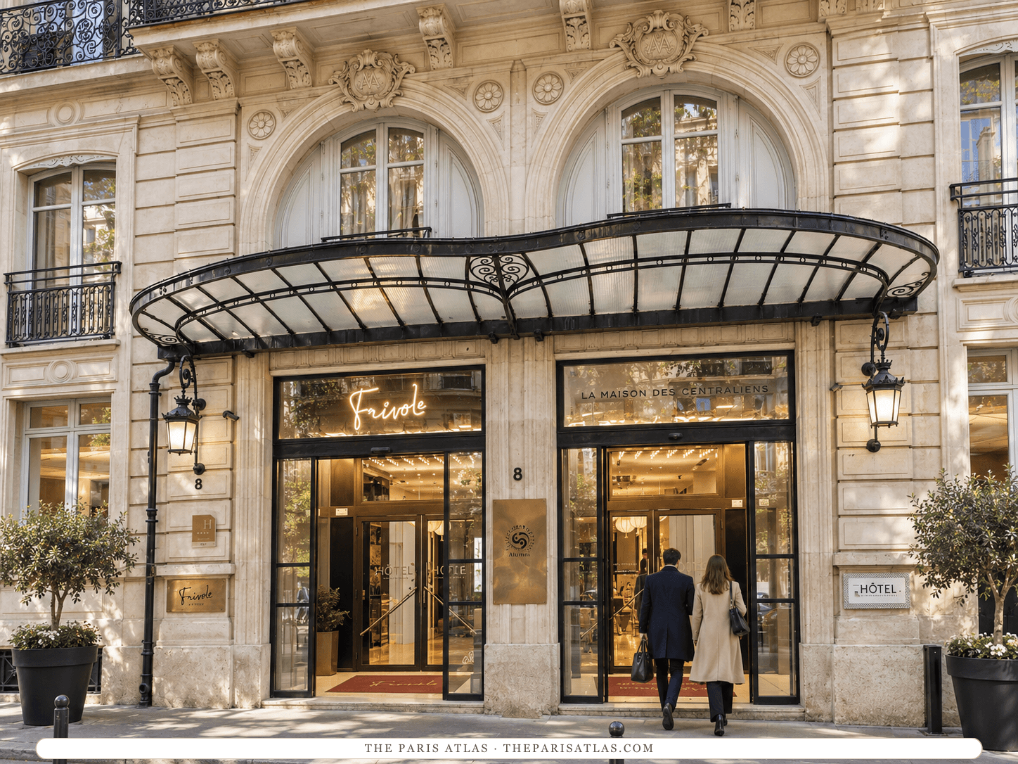 AI-generated illustration of La Maison Champs-Élysées on rue Jean-Goujon: twin glazed entrances under a curved iron-and-glass canopy, arched windows above, lanterns, potted trees and two guests walking in.